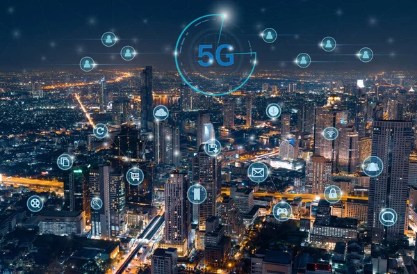 5G network on city background. The wireless communication technology network links work in many branches in smart cities.