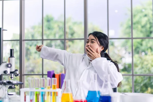 Young Woman Scientists Yawn Lab — Stock Photo, Image