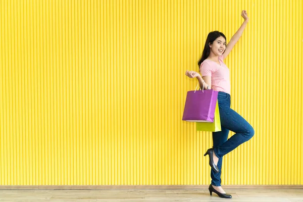 Asiatisk Ung Kvinna Rosa Shirt Och Jeans Bär Flera Papperspåsar — Stockfoto