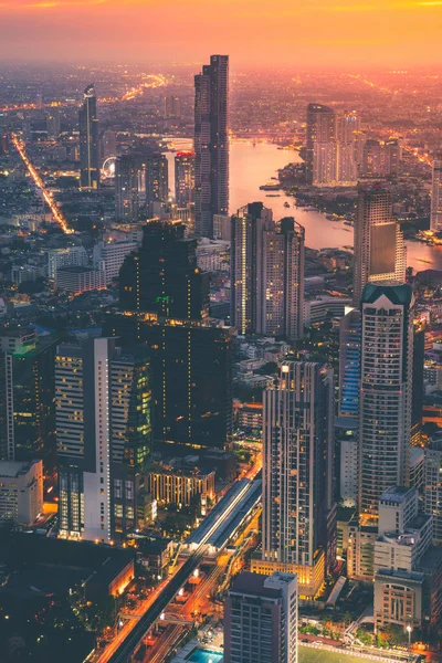 Bangkok Město Řeka Zakřivené Panorama Západem Slunce — Stock fotografie