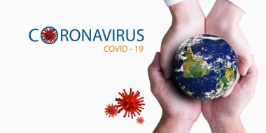 Beyaz zemin üzerinde 3d Coronavirus modeli ve metin için kopyalama alanı. Dünya 'yı tutan eller. Güvenli dünya konsepti covid-19. Bu görüntünün elementleri NASA tarafından desteklenmektedir.