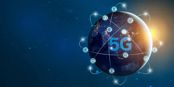 3D illustration of Global connectivity concept with worldwide communication network 5g connection lines around planet Earth viewed from space. Elements of this image furnished by NASA.