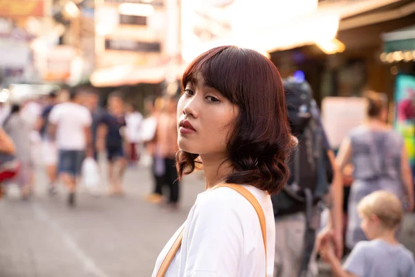 Portrait Asian Young Woman Khao San Road Bangkok Thailand — Stock Photo, Image