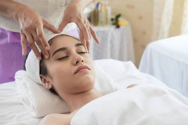 Young Woman Massaging Face Relax Which Part Thai Massage — Stock Photo, Image