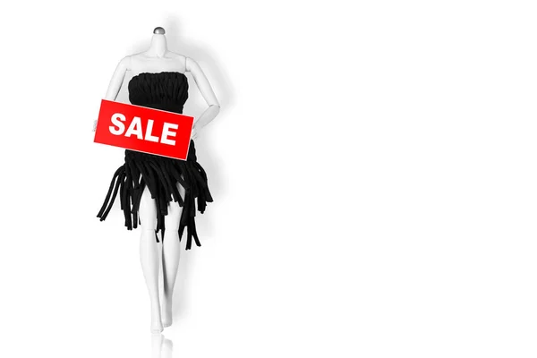 Sale Concept Mannequin Holding Sale Sign Isolated White Background Copy — Stock Photo, Image