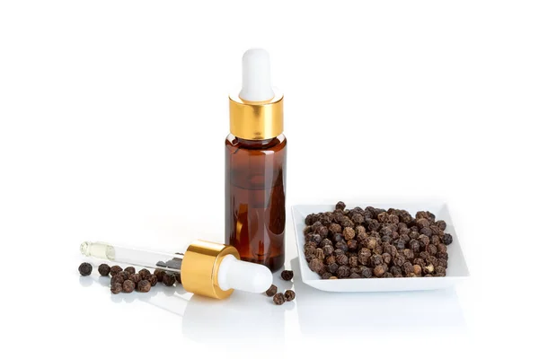 Black Pepper Essential Oil Isolated White Background Black Pepper Oil — Stock Photo, Image