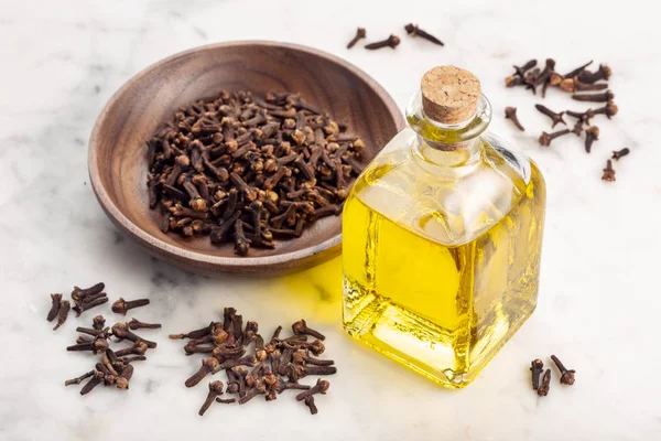 Clove oil glass bottle — Stock Photo, Image