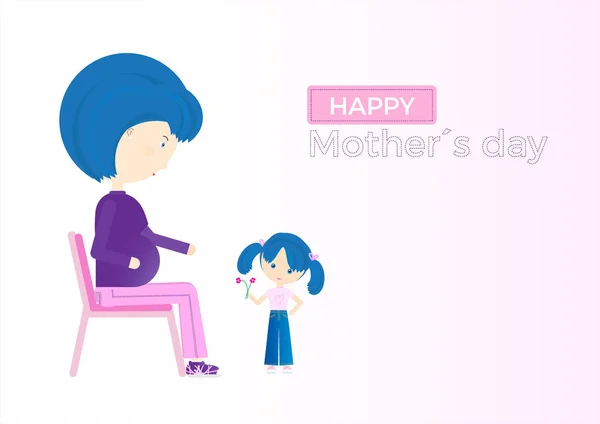 Happy mors dag gratulationskort. Gravid mamma med sin dotter — Stock vektor