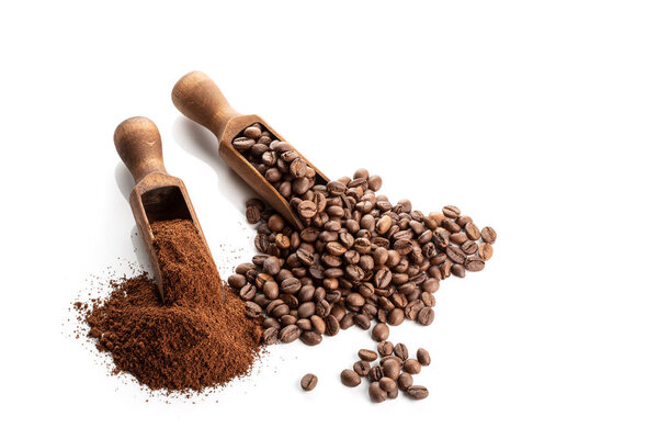 Roasted coffee bean and ground isolated on white background