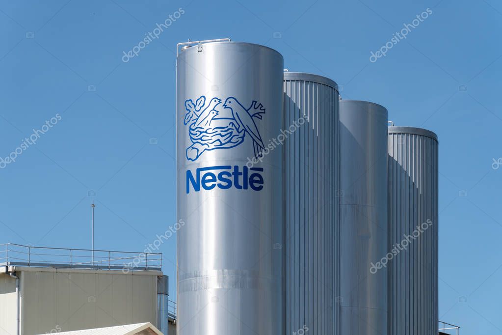 Pontecesures, Spain; june 16, 2019: Nestle logo on tank of Pontecesures factory