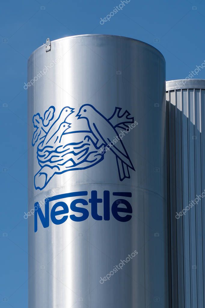 Pontecesures, Spain; june 16, 2019: Nestle logo on tank of Pontecesures factory