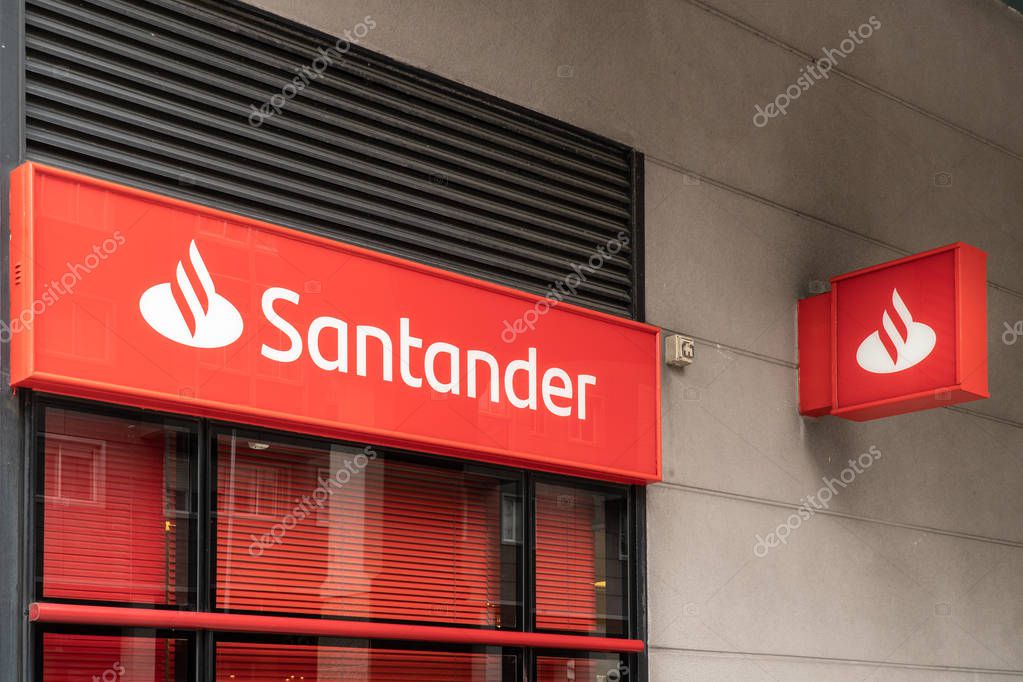 Coruna, Spain; july 01 2019: Santander bank sign on building facade. Banco Santander is one of the biggest banks in Spain