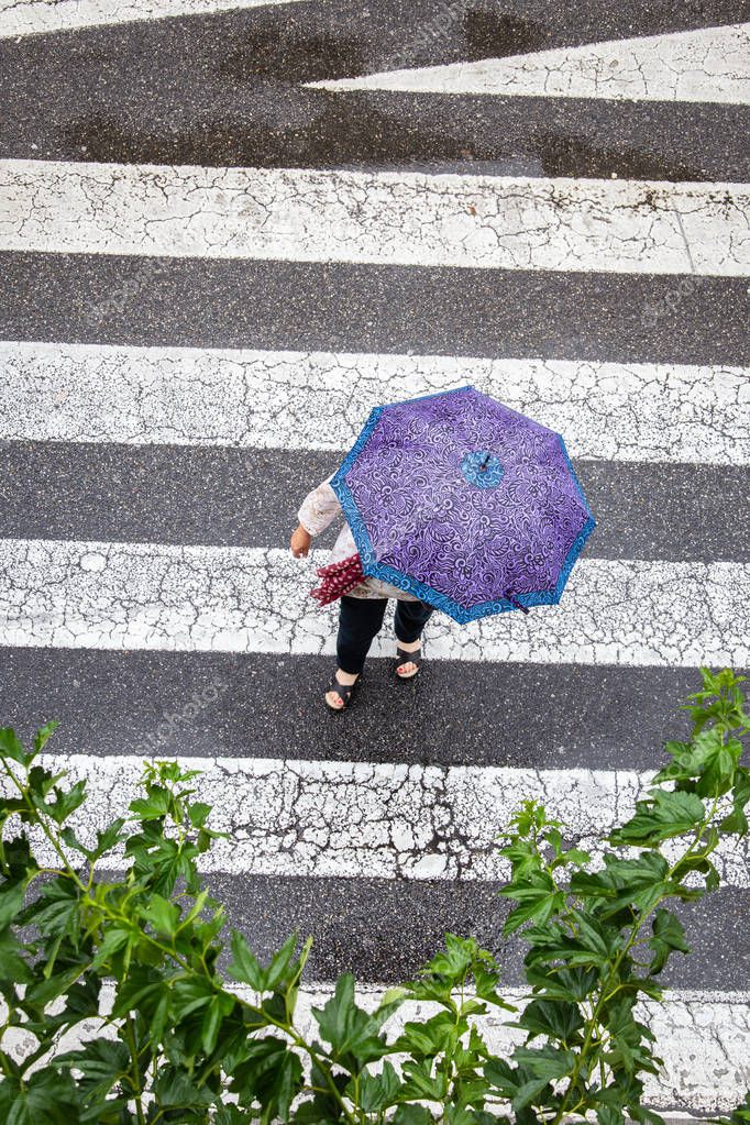 Scene of a woman with fashion umbrella crossing the sidewalk. Top view