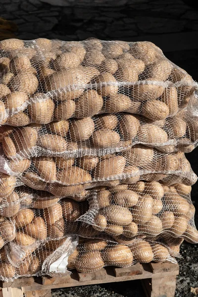 Batatas frescas em saco de malha no mercado dos agricultores — Fotografia de Stock