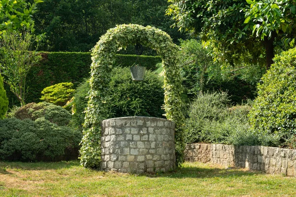 Jardim Com Poço Velho Água Com Polia Balde Jardim Exuberante — Fotografia de Stock