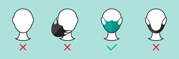 Yüz maskesini düzgün kullanmanın simgesi. Coronavirus Covid-19 'un tavsiyesi. Vektör illüstrasyonu