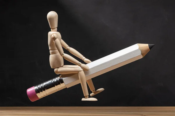 Wooden Mannequin Riding Pencil Rocket Back School Concept Copy Space — Stock Photo, Image