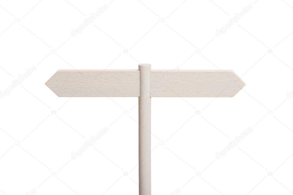 White Wooden sign post with two blank boards pointing in different directions isolated on white background. Mock up
