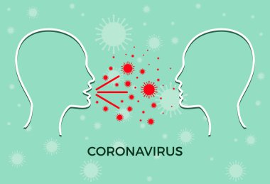 Coronavirus Covid-19 enfeksiyon konsepti. İki kafa bir virüs yayıyor. Solunum damlası. Düz vektör illüstrasyonu