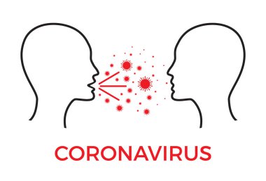 Coronavirus Covid-19 enfeksiyon konsepti. İki kafa bir virüs yayıyor. Solunum damlası. Düz vektör illüstrasyonu