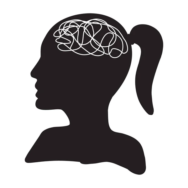 女人的头像大脑一样 里面有杂乱无章的线条 混乱的思想过程 人格障碍和抑郁的概念 平面矢量图解 — 图库矢量图片