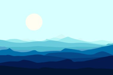 Dağlar manzaralı. Dağların siluetleri sabahları panorama yapar. Vektör orman yürüyüşü arka planı