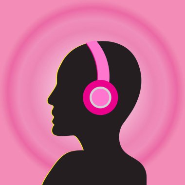 Kulaklıklı siluetli kadın. Seksenlerin retro parti müziği geçmişi. 80 'lerin Vektör illüstrasyonu