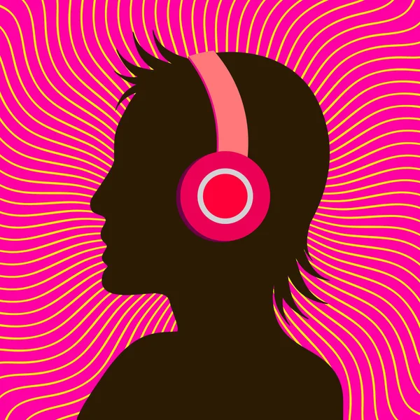 Femme Silhouette Avec Écouteurs Années Fond Musique Fête Rétro Illustration — Image vectorielle