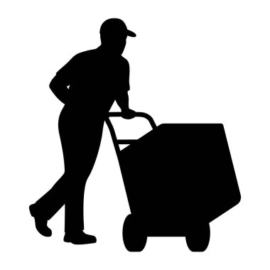 Teslimatçı 'nın silüeti, karton kutuyla el arabası itiyor.