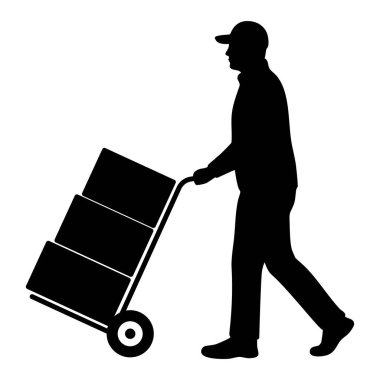 Teslimatçı 'nın silüeti, karton kutularla el arabası itiyor.