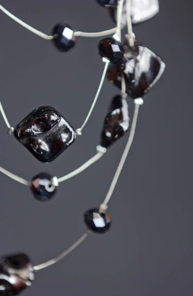 Handmade Jewelry Made Beads Macro Necklaces Black Beads Necklaces Stones — Stock Photo, Image