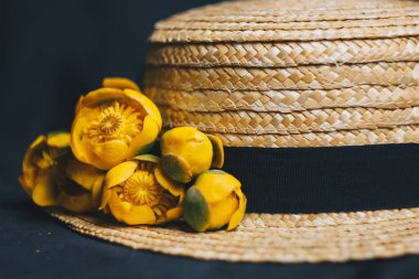 yeşil yaprak ile sarı nilüfer çiçek buketi. taze sökük. Bir hasır şapka. kumaş siyah arka plan üzerine kapatın. Sarı nilüfer. ufuk bitki, kırmızı veri kitap. çiçek kompozisyon düz yatıyordu