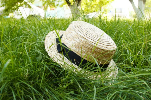 麦わら帽子は、黄色の柑橘系の果物とレモネードのボトル屋外草に横たわっています。明るい太陽の光と木の背景に公園で自然にピクニック — ストック写真