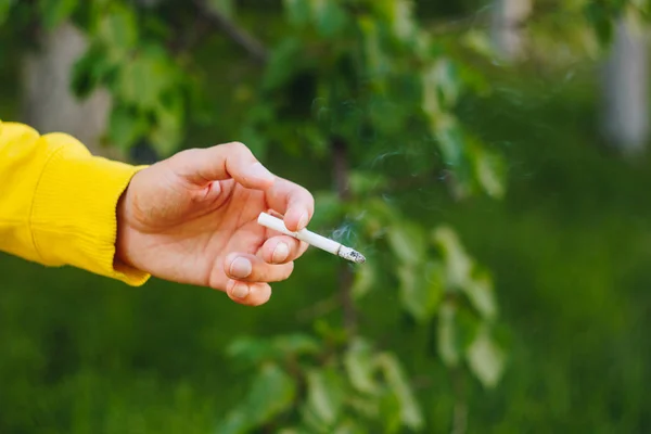 Cigarrillo humeante en la mano de un hombre en la naturaleza contra el telón de fondo de árboles verdes. Humo de tabaco de nicotina. Estilo de vida insalubre. Cierra la ceniza. Hábito perjudicial para la salud. Contaminación ambiental . —  Fotos de Stock