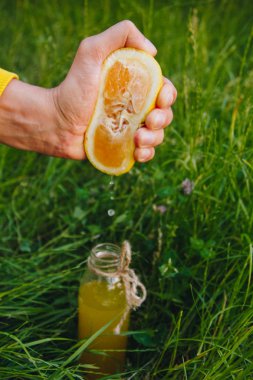 Erkek el doğal açık havada çim üzerinde ev yapımı limonata bir şişe içine Narenciye meyve suyu sıkır. yakın çekim, sağlıklı gıda, diyet, uygun beslenme, piknik.
