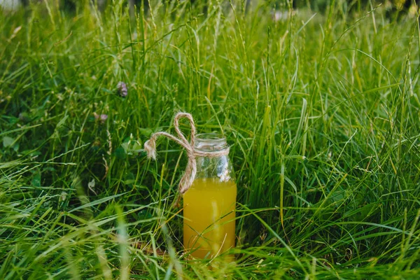 Una bottiglia di succo di limonata fatta in casa si trova sull'erba all'aperto. Picnic sulla natura nel parco sullo sfondo di alberi con sole splendente. cibo sano, dieta — Foto Stock