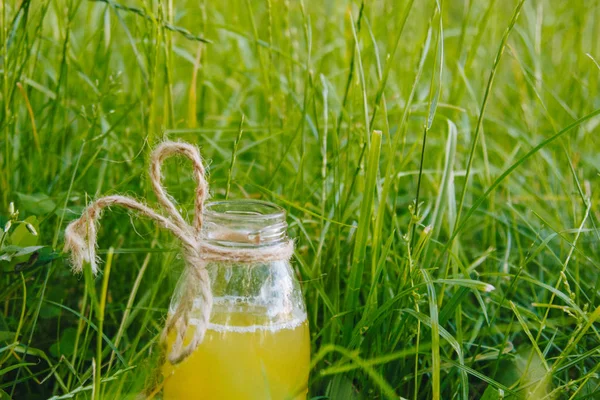 Male hand squeezes citrus fruit juice into a bottle of homemade lemonade on the grass on the nature outdoors. close-up, healthy food, diet, proper nutrition, picnic. — Stock Photo, Image