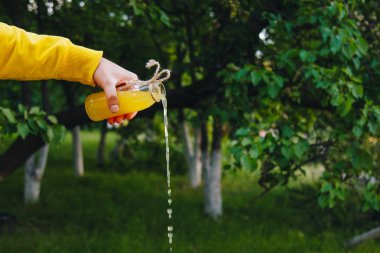 Erkek el doğal açık havada ağaçların bir arka planda bir şişe ev yapımı limonata dökülen. yakın çekim, sağlıklı gıda, diyet, uygun beslenme, piknik. Yaz.