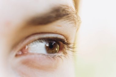 düz görünümlü genç çocuk bakıyor. Güneşte Kafkas bir adamın portresini kırpılmış. açık göz yakın yukarı