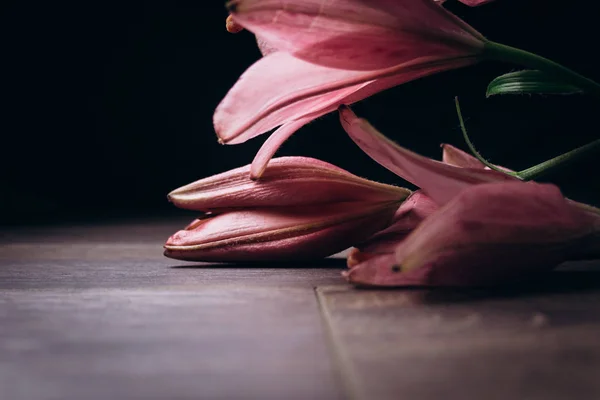 Ramo de flores de lirio rosa en los rayos de luz sobre un fondo negro sobre una mesa rústica de madera. brotes frescos de una planta con flores primer plano, espacio de copia. Grabado en estudio. la parcela de la tarjeta de vacaciones —  Fotos de Stock