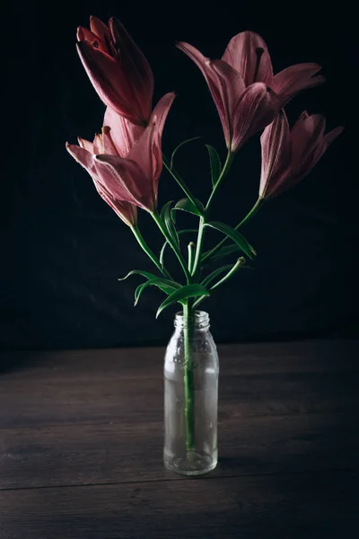 Buquê de flores de lírio rosa nos raios de luz em um fundo preto em uma mesa rústica de madeira em uma garrafa de vidro. botões frescos de uma fábrica florescente close-up em um vaso, espaço de cópia. estúdio tiro — Fotografia de Stock