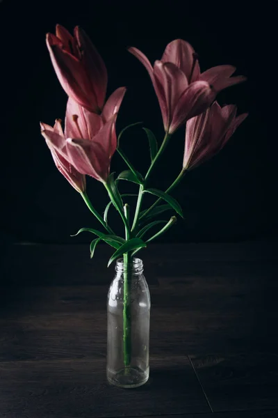 Buquê de flores de lírio rosa nos raios de luz em um fundo preto em uma mesa rústica de madeira em uma garrafa de vidro. botões frescos de uma fábrica florescente close-up em um vaso, espaço de cópia. estúdio tiro — Fotografia de Stock