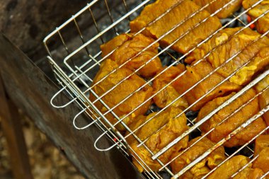 brazier bir ızgara rendeleyin et turşusu küpleri. közler outdors üzerinde barbekü kebap. doğada ızgara piknik. üst görünüm yakın