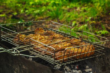 brazier bir ızgara rendeleyin et turşusu küpleri. közler outdors üzerinde barbekü kebap. doğada ızgara piknik. üst görünüm yakın
