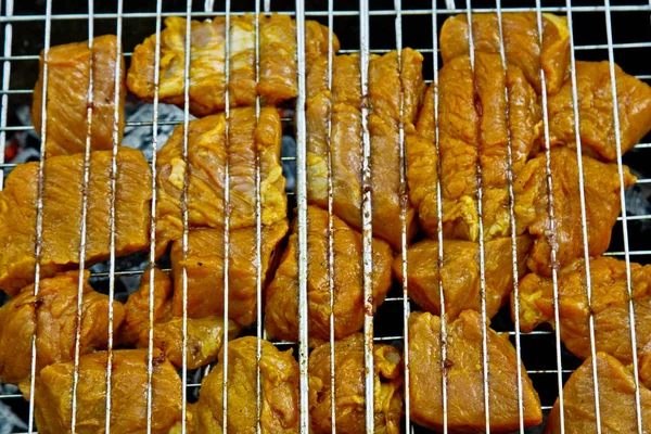 Kostki marynowane mięso w kratkę rusztu na Brazier. Kebab z grilla na wypustki outdors. piknik z grilla w przyrodzie. Widok z góry z bliska — Zdjęcie stockowe