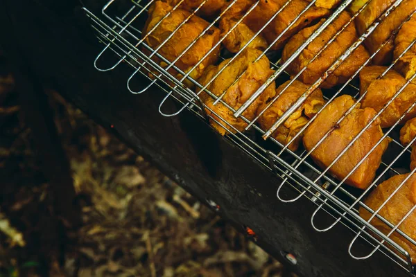 Κύβους τουρσί κρέας σε μια σχάρα σχάρα στο μαγκάλι. κεμπάπ μπάρμπεκιου σε κάρβουνα. ψητό πικ-νικ στη φύση. κορυφή προβολή κοντά — Φωτογραφία Αρχείου
