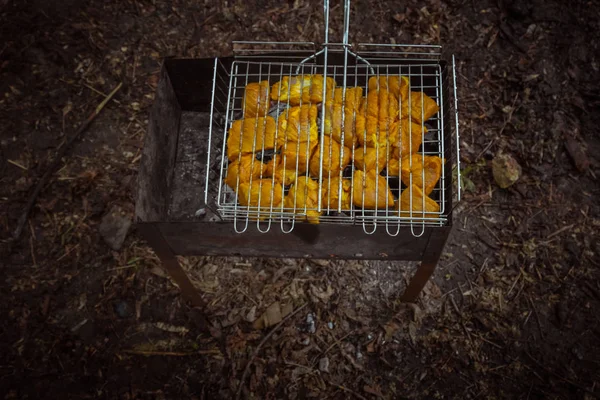 Cubes de viande marinée dans une grille de gril au brasero. kebab barbecue sur les braises à l'extérieur. pique-nique grillé dans la nature. vue de dessus gros plan — Photo