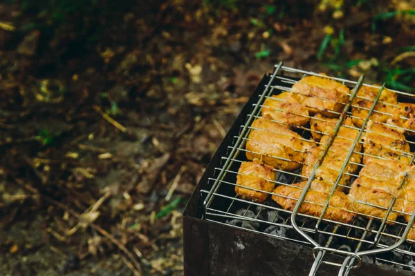 Cubes de viande marinée dans une grille de gril au brasero. kebab barbecue sur les braises à l'extérieur. pique-nique grillé dans la nature. vue de dessus gros plan — Photo