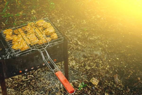 Cubes de viande marinée dans une grille de gril au brasero. kebab barbecue sur les braises à l'extérieur. pique-nique grillé dans la nature. vue de dessus gros plan — Photo