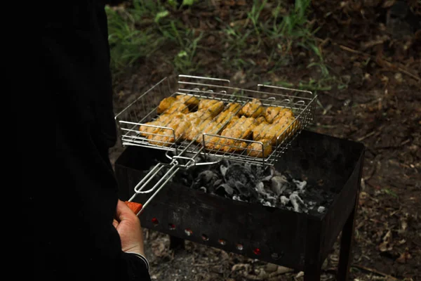 Cubos de carne conservada em escabeche em uma grelha de grelha no braseiro. churrasco kebab em brasas outdors. piquenique grelhado na natureza. vista superior de perto — Fotografia de Stock